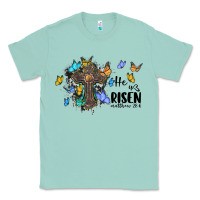 Seafoam he is risen matthew 28 6 cross with butterflies cowhide background Classic Tee - BarkalooDesign