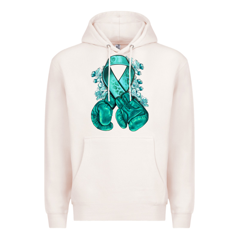 Ovarian Cancer Teal Ribbon With Boxing Gloves Premium Hoodie by NancyCooperArtShop | Teevron