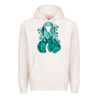 Pale Pink Ovarian Cancer teal ribbon with boxing gloves Premium Hoodie - NancyCooperArtShop