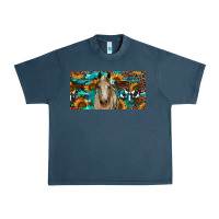 Midnight Navy Horse With Sunflowers Aztec And Cowhide Urban Heavy Tee - RanaPortraitStore
