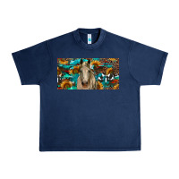 Navy Horse With Sunflowers Aztec And Cowhide Urban Heavy Tee - RanaPortraitStore