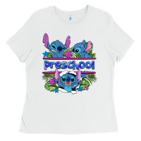 White preview flower stitch blue preschool Ladies Tee - AdoDesignShop
