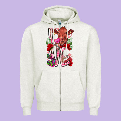 Love Cow Valentine Zipper Hoodie Designed By Racoondesign