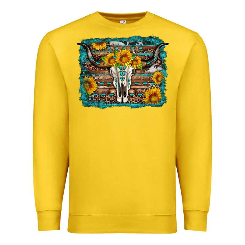 Longhorn Bull Skull Western Turquoise Background Premium Sweatshirt by Artiststas | Teevron