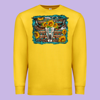 Longhorn Bull Skull Western Turquoise Background Premium Sweatshirt Designed By Artiststas