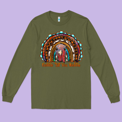 Gobble Till You Wobble Thanksgiving Rainbow Long Sleeve Tee Designed By Ranaportraitstore