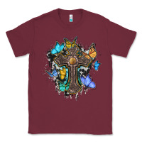 Burgundy cross with butterflies cowhide background Classic Tee - BarkalooDesign