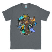 Charcoal Heather cross with butterflies cowhide background Classic Tee - BarkalooDesign
