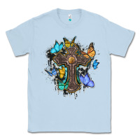Dusty Blue cross with butterflies cowhide background Classic Tee - BarkalooDesign