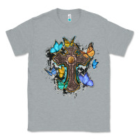 Heather Grey cross with butterflies cowhide background Classic Tee - BarkalooDesign