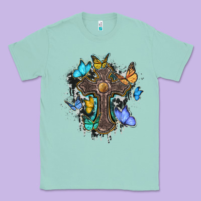 Cross With Butterflies Cowhide Background Classic Tee Designed By Barkaloodesign