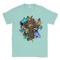 Seafoam cross with butterflies cowhide background Classic Tee - BarkalooDesign