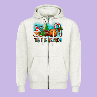 Tis The Season Christmas With Basketball And Candy Cane Zipper Hoodie Designed By Fadigitalartstudio