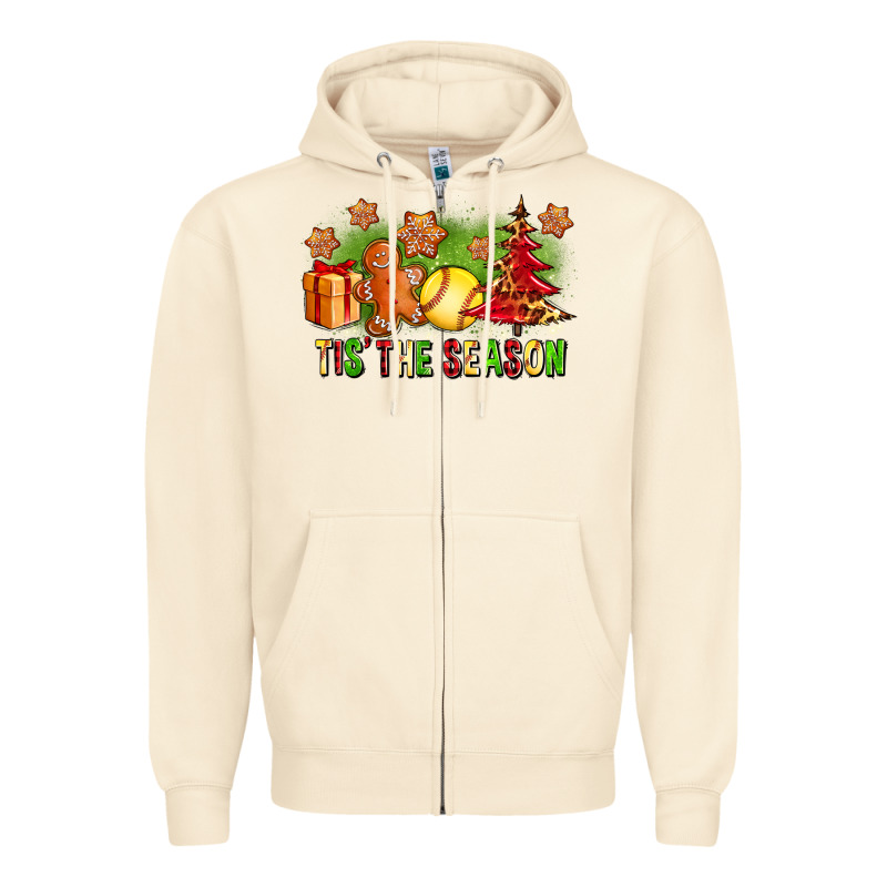 Tis The Season Christmas With Softball And Gingerbread Man Zipper Hoodie by FaDigitalArtStudio | Teevron
