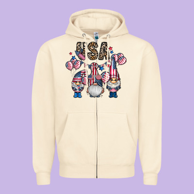 Usa America Gnome Zipper Hoodie Designed By Cowhidedigitalart