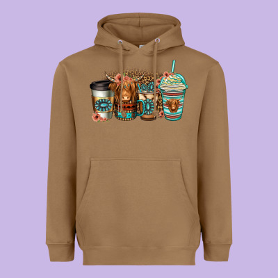 Serape Floral Longhaired Cow Coffee Cups Heavyweight Hoodie Designed By Jasminsmagicworld