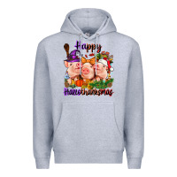 Heather Grey Happy Hallothanksmas Pigs Premium Hoodie - NancyCooperArtShop