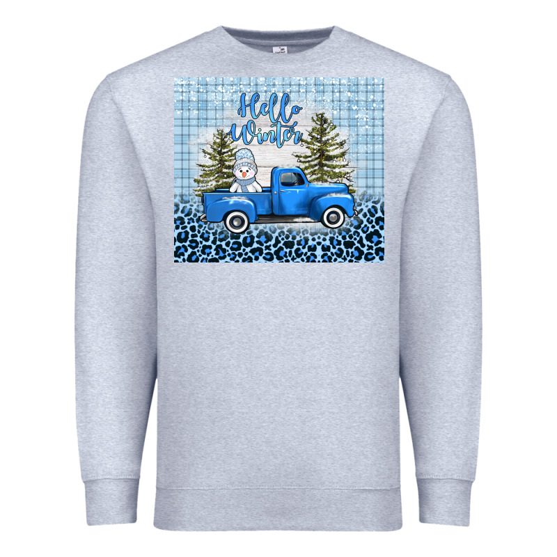 Hello Winter Snowman Truck Premium Sweatshirt by AdoDesignShop | Teevron