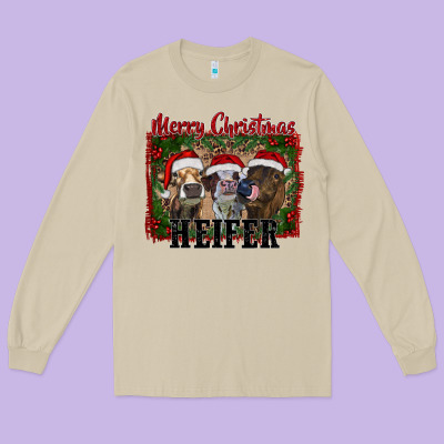 Merry Christmas Heifer Long Sleeve Tee Designed By Ranaportraitstore