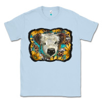 Dusty Blue white scottish calf with sunflowers western  background Classic Tee - BarkalooDesign