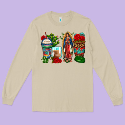 Lady Of Guadalupe Coffee Cups Long Sleeve Tee Designed By Zillion Design Studio