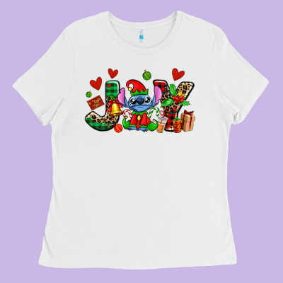 Joy With Christmas Elf Stitch Ladies Tee Designed By Adodesignshop