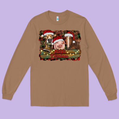 Merry Christmas Farm Animals Long Sleeve Tee Designed By Ranaportraitstore