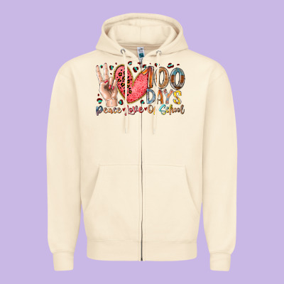 Peace Love 100 Days Of School Zipper Hoodie Designed By Racoondesign