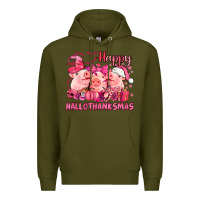 Army Green Happy Hallothanksmas Pigs pink Premium Hoodie - NancyCooperArtShop