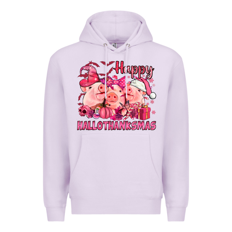 Happy Hallothanksmas Pigs Pink Premium Hoodie by NancyCooperArtShop | Teevron