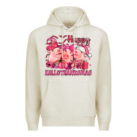 Oatmeal Heather Happy Hallothanksmas Pigs pink Premium Hoodie - NancyCooperArtShop