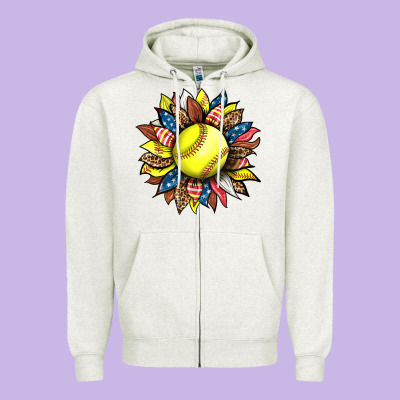 Softball Sunflower Zipper Hoodie Designed By Hra Design Shop