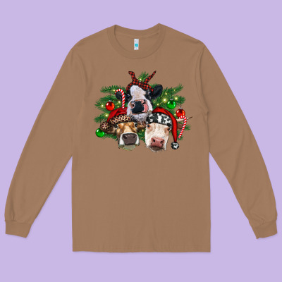 Christmas Cows With Tree Long Sleeve Tee Designed By Ranaportraitstore