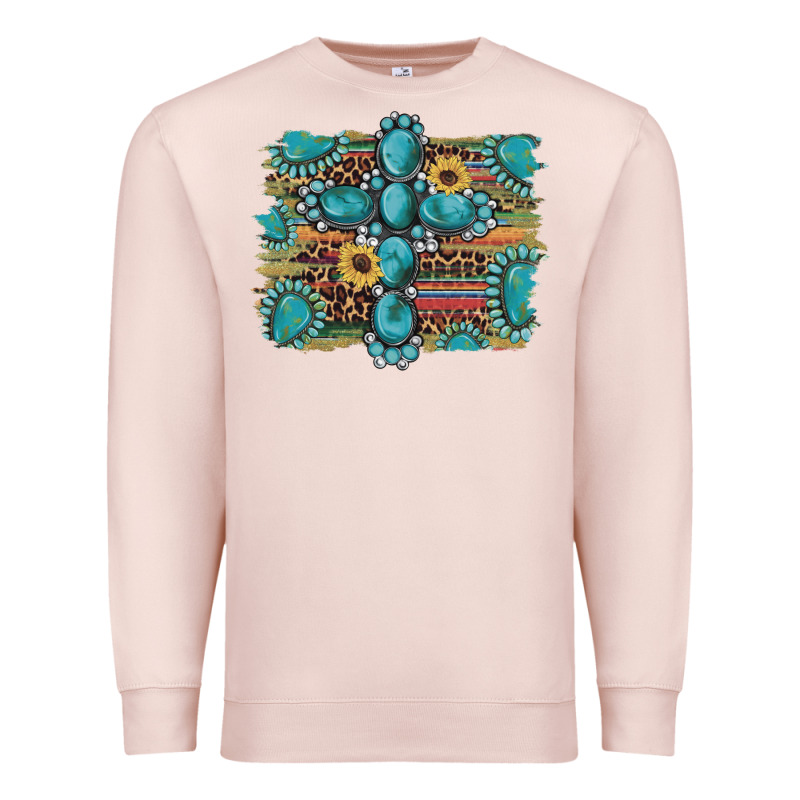 Western Gemstone Cross Sunflowers Serape Leopard Glitter Premium Sweatshirt by Artiststas | Teevron