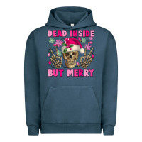 Pigment Midnight Navy Dead inside but merry pink Christmas skeleton Urban Hoodie - NancyCooperArtShop