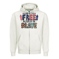 Oatmeal Heather land of the beacause of the brave Zipper Hoodie - CowhideDigitalArt
