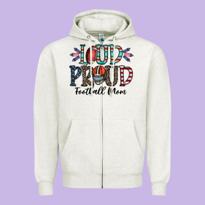 Loud Proud Football Mom Zipper Hoodie Designed By Cowhidedigitalart