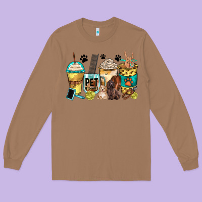 Pet Groomer Coffee Cups Long Sleeve Tee Designed By Zillion Design Studio