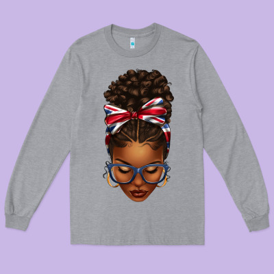 Union Jack Flag Afro Messy Bun Long Sleeve Tee Designed By Texasbilliewilder