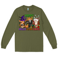 Army Green happy hallothanksmas with cow Long Sleeve Tee - texasbilliewilder