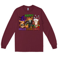 Burgundy happy hallothanksmas with cow Long Sleeve Tee - texasbilliewilder