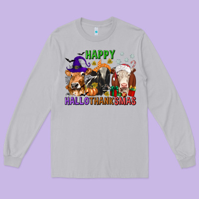 Happy Hallothanksmas With Cow Long Sleeve Tee Designed By Texasbilliewilder