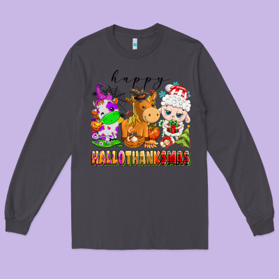 Happy Hallothanksmas Farm Animals Long Sleeve Tee Designed By Texasbilliewilder