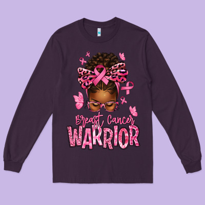 Brest Cancer Warrior Afro Messy Bun Long Sleeve Tee Designed By Texasbilliewilder