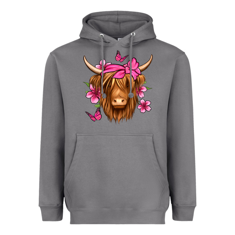 Floral Pink Bandana Longhaired Cow Heavyweight Hoodie by Jasminsmagicworld | Teevron