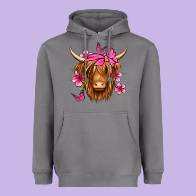 Floral Pink Bandana Longhaired Cow Heavyweight Hoodie Designed By Jasminsmagicworld