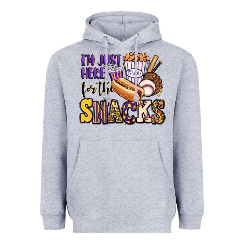 I'm Just Here For The Snacks Baseball Purple And G Heavyweight Hoodie by Jasminsmagicworld | Teevron