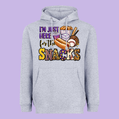 I'm Just Here For The Snacks Baseball Purple And G Heavyweight Hoodie Designed By Jasminsmagicworld