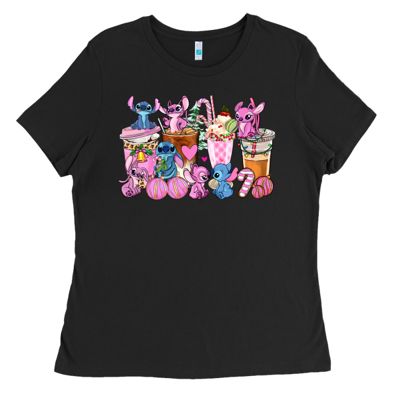 Stitch And Lilo Pink Christmas Coffee Cups Ladies Tee by AdoDesignShop | Teevron