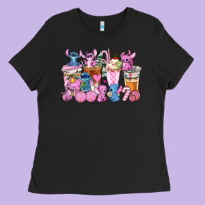 Stitch And Lilo Pink Christmas Coffee Cups Ladies Tee Designed By Adodesignshop
